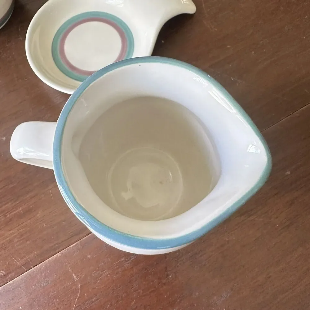 PFALTZGRAFF Juniper Creamer Sugar Bowl Spoon Rest Green Mauve‎ Stripe Vintage